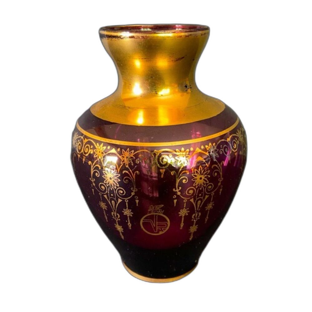 VTG Vecchia Murano VR Purple Bud Vase 5" Art Glass w/ 24K Gold Trim Italy